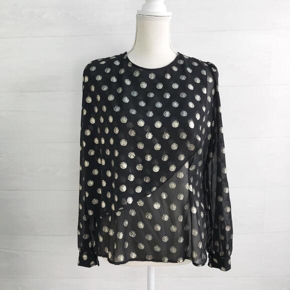 Tops - Veronica M. - Black sheer Gold polka dot long sleeve top, L